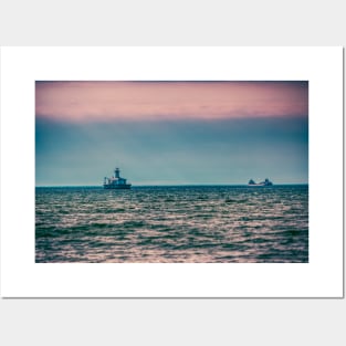 Freighter and Lighthouse Lake Huron Posters and Art